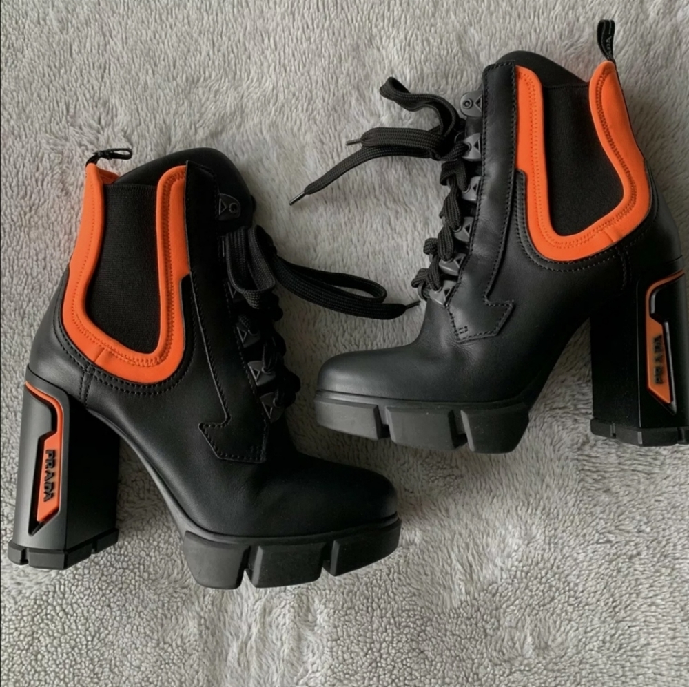 PRADA NEOPRENE NEON DETAIL LACE UP BOOT BLACK